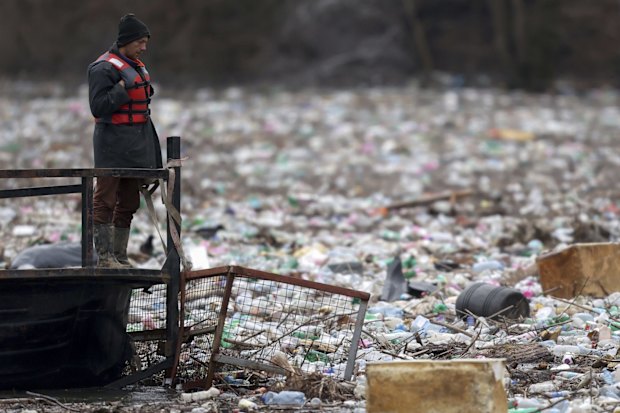 Plastic waste in the Lim River near Priboj, Serbia, in January 2023. Demand for single-use plastics continues to grow.