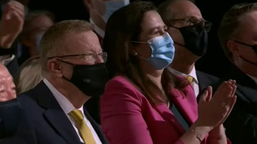 Queensland Premier Annastacia Palaszczuk, and John Coates (left), at the Toyko event that confirmed Brisbane as host of the 2032 Olympics. 