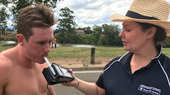 Alcohol and drownings. Joel Haberley, 20, volunteered to have his blood alcohol tested by Amy Peden, RLS?s national manager research and policy on Saturday 3 feb at governor Phillip Park, Windsor. He blew zero too. 3 February 2018. Photo Julie Power. Story Julie Power