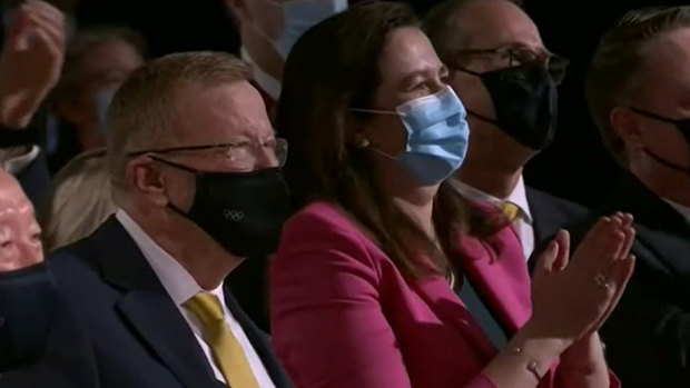 Queensland Premier Annastacia Palaszczuk, and John Coates (left), at the Toyko event that confirmed Brisbane as host of the 2032 Olympics. 