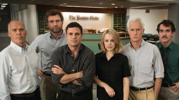 Spotlight, starring (from left) Michael Keaton, Liev Schreiber, Mark Ruffalo, Rachel McAdams, John Slattery and Brian d'Arcy James. 