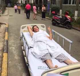 Canberra cyclist Ben Hill keeping his spirits up after his first broken back late last year in China.