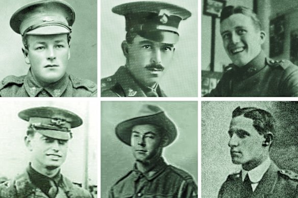 Top l-r: Second Lieutenant Roy Lytton Cummings, Lieutenant George Robert Thompson and Lieutenant Geoffrey Dunster Allen.
Bottom l-r: Lieutenant Jack Henry Weingarth, Air Mechanic 1st class Sydney Harold Banks-Smith and Lieutenant Patrick George Walsh.