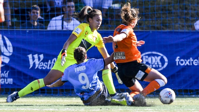 Prolific: Caitlin Foord scores one of her three against the Roar at Seymour Shaw Park in Sydney's Miranda.