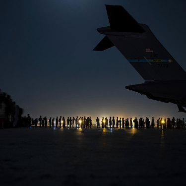 A US Air Force image of the evacuation at evacuation at Hamid Karzai International Airport, Kabul, in the days before the bombing.