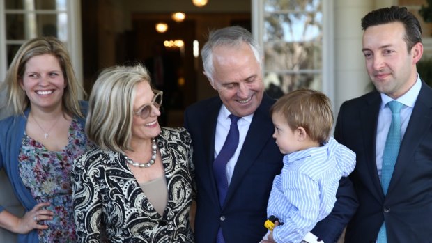 Prime Minister Malcolm Turnbull with his grandson Jack, wife Lucy, daughter Daisy and son-in-law James Brown.