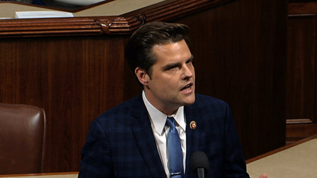 Republican Matt Gaetz speaks as the House of Representatives debates the articles of impeachment against President Donald Trump.