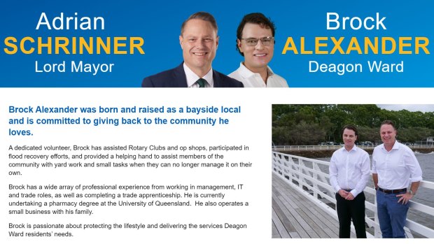 Internet archive of former LNP candidate for Deagon ward Brock Alexander’s page on the Team Schrinner website, from February 14, 2024.