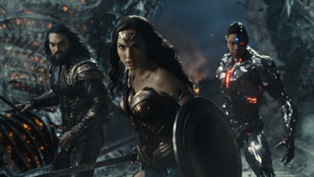 Aquaman (Jason Momoa), Wonder Woman (Gal Gadot) and Cyborg (Ray Fisher) in a scene from Zack Snyder’s Justice League.