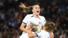 England’s Alessia Russo celebrates scoring their second goal with Georgia Stanway and Ella Toone.