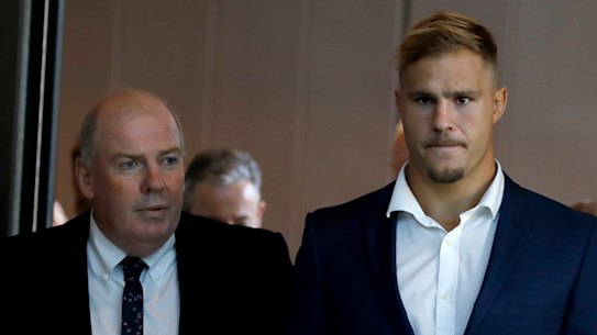 St George Illawarra Dragons player Jack De Belin arrives at the NSW Federal Court in Sydney on Wednesday. 