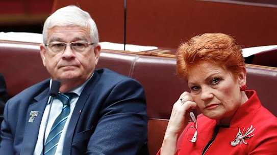 FILE PHOTO: Senators Brian Burston and Pauline Hanson during debate in the Senate, at Parliament House in Canberra on Tuesday 28 November 2017. fedpol Photo: Alex Ellinghausen