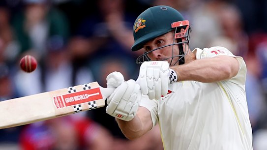 Mitch Marsh hooking Mark Wood for six.