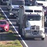 A motorcyclist is in serious condition in hospital after crashing into the back of a truck on Tuesday morning. 