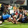 Winger Emoni Narawa scores one of the Chiefs’ nine tries against the Western Force.