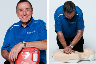 Terry McCallum with a portable defibrillator (left) and performing chest compressions.