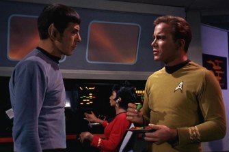 Leonard Nimoy as Mr Spock, Nichelle Nichols as Lt Uhura and William Shatner as Captain Kirk in the 1966 Star Trek.