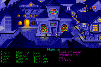Monkey Island’s main street, as seen in the DOS version of the original game.