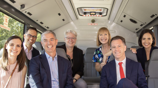 Chris Minns boarded his bus with Labor colleagues (from left) Courtney Houssos, Daniel Mookhey, John Graham, Penny Sharpe, Jo Hayden, and deputy leader Prue Car last Sunday.