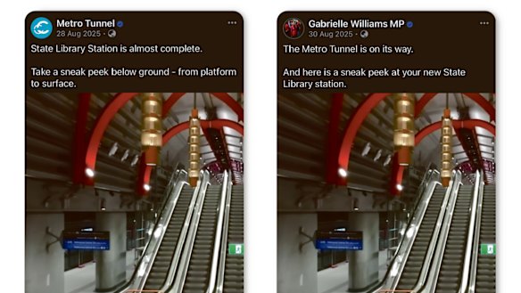 A side-by-side comparison of a Metro Tunnel post, which was then used by then-transport minister Gabrielle Williams.