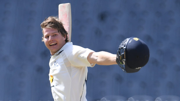 Victoria’s Will Pucovski celebrates his maiden first-class century against Queensland in February. 