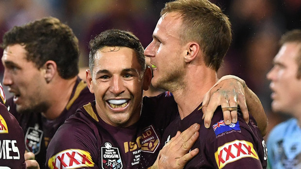 Billy Slater congratulates Daly Cherry-Evans on his match-turning try.