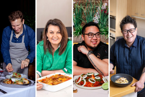 Pictured from left: Chefs Ben Greeno, Karen Martini, Junda Khoo and Jerry Mai with their dressed-up cooked chooks. 