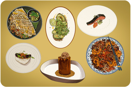 A selection of iconic dishes from Sydney restaurants for the 40th anniversary of the Sydney Morning Herald Good Food Guide.