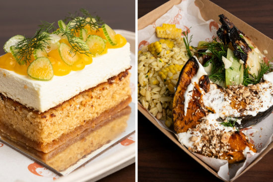 Fennel, yoghurt, mandarin cake (left) and a salad plate with risoni, corn, pinenut, preserved lemon, roast pumpkin, dukkah, yoghurt, fennel, leek and pecorino at Salma’s Canteen in Rosebery, Sydney.