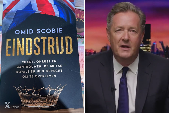 Omid Scobie’s royal book Endgame on sale in a Dutch bookshop on Wednesday and UK broadcaster Piers Morgan.