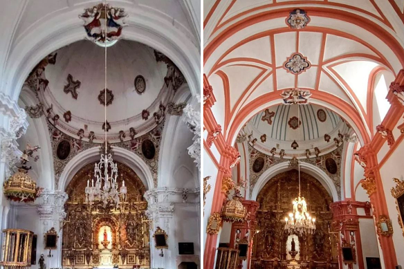 The interior of the church before and then after the restoration.