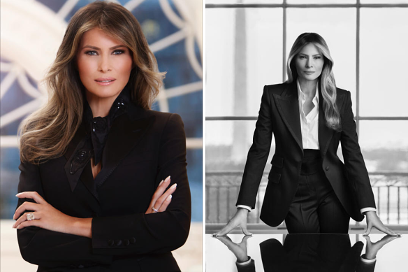 Melania Trump’s official White House portraits in 2017 and 2025.