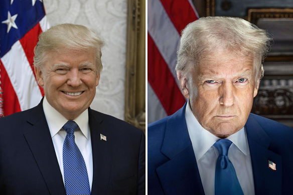 Donald Trump’s official White House portrait in 2017 and in 2025.