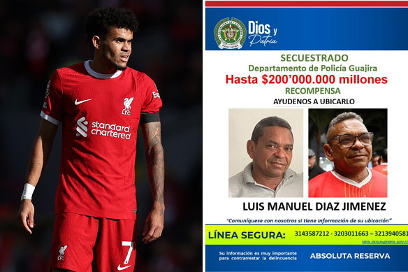 Liverpool’s Luis Diaz and the reward poster circulated by Colombian police for his father’s return.