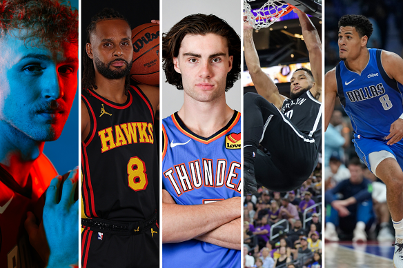 Australian NBA players Jock Landale, Patty Mills, Josh Giddey, Ben Simmons and Josh Green ahead of the 2023-2024 season.