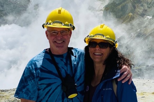 Ivy Kohn Reed and Rick Reed photographed on Whakaari/White Island about 15 minutes before the volcano erupted.