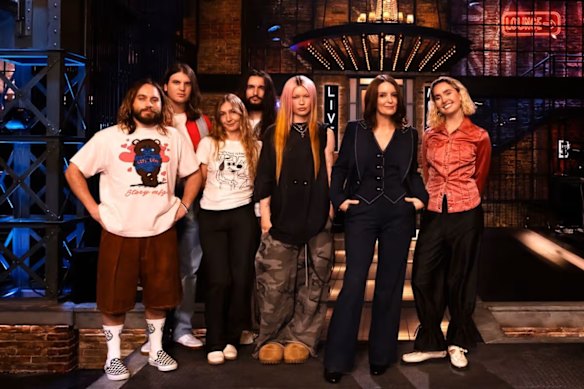 Tina Fey with the band Wet Leg on Saturday Night Live UK.