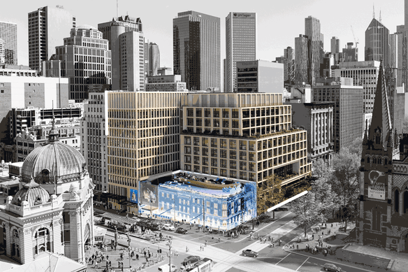 The proposed development, more than double the current height limit, would wrap around Young and Jackson on the corner of Flinders Street and Swanston Street.
