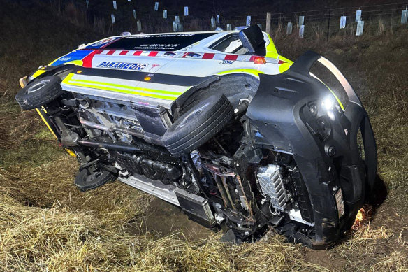 Paramedic Jim Avard’s rolled ambulance.