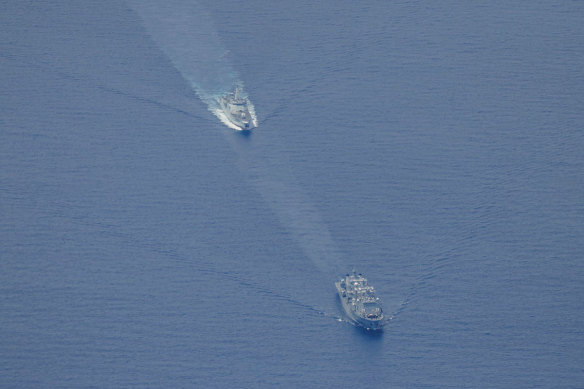 People’s Liberation Army-Navy Renhai-class cruiser Zunyi and Fuchi-class replenishment vessel Weishanhu in the Tasman Sea.