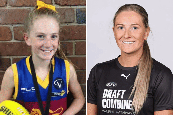 AFLW draft prospect Mikayla Williamson in her under-12 days playing football for Carrum Patterson Lakes (left), and more recently as a Victorian Country representative.