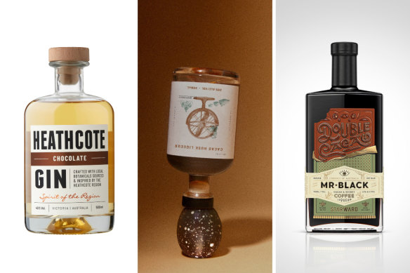 From left: Heathcote Chocolate Gin; The Gospel x Mork Cacao Husk Liqueur; Mr Black Double Cacao Whisky &amp; Coffee Liqueur.