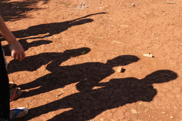 Shadows of children playing together in a displacement camp in Myanmar’s Shan state.
