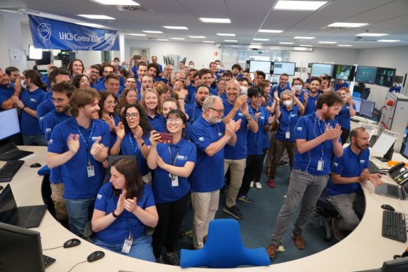 Scientists at the CERN lab in Geneva celebrate the resumption of collisions of the Large Hadron Collider on July 5, 2022