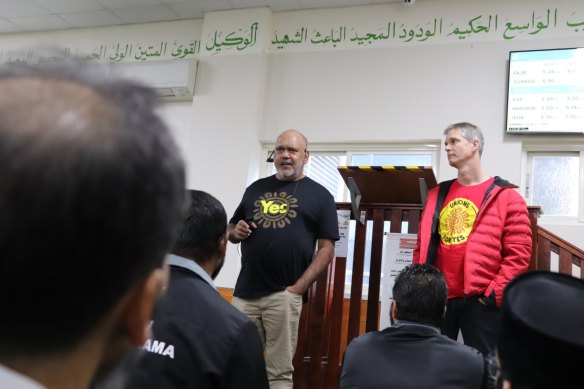 Voice architect Noel Pearson and Parramatta MP Andrew Charlton address Parramatta Mosque. Charlton said Pearson “gave a lecture between prayers and people were interested to have this issue personalised for them.”