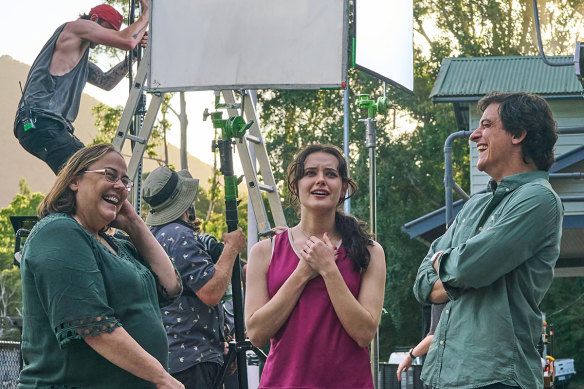 Director Jocelyn Moorhouse, Katherine Langford and James McKay on the set of Savage River.