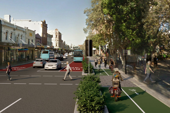 The latest Transport for NSW render of a proposed 1.8-kilometre separated cycleway on Sydney’s Oxford Street.