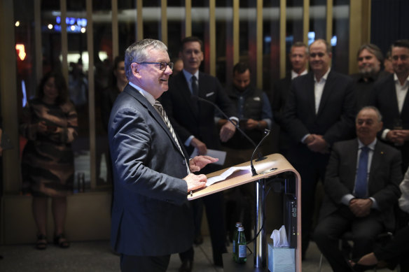 Veteran journalist Chris Masters speaking at the opening of the Judith Neilson Institute’s new offices in Chippendale, Sydney.