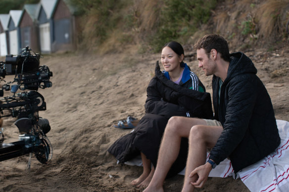 Yerin Ha as Mia, Charlie Vickers as Kieran on the set of Tasmanian mystery The Survivors.