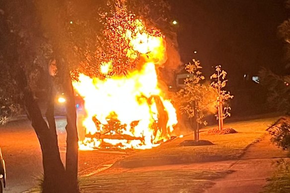 The car that was set alight in Merrylands in the early hours of Saturday morning.